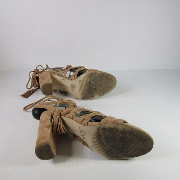BCBGeneration Brown Suede Leather Lace Up Heels Peep Toe Tassel Boho Women's 8.5 - Picture 6 of 9